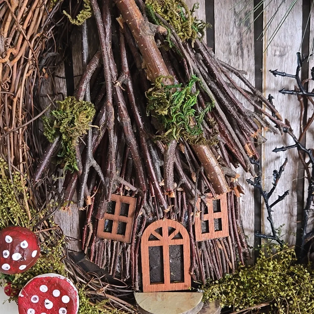 Forest Rustic Cottage Wreath with Red Mushroom Accents
